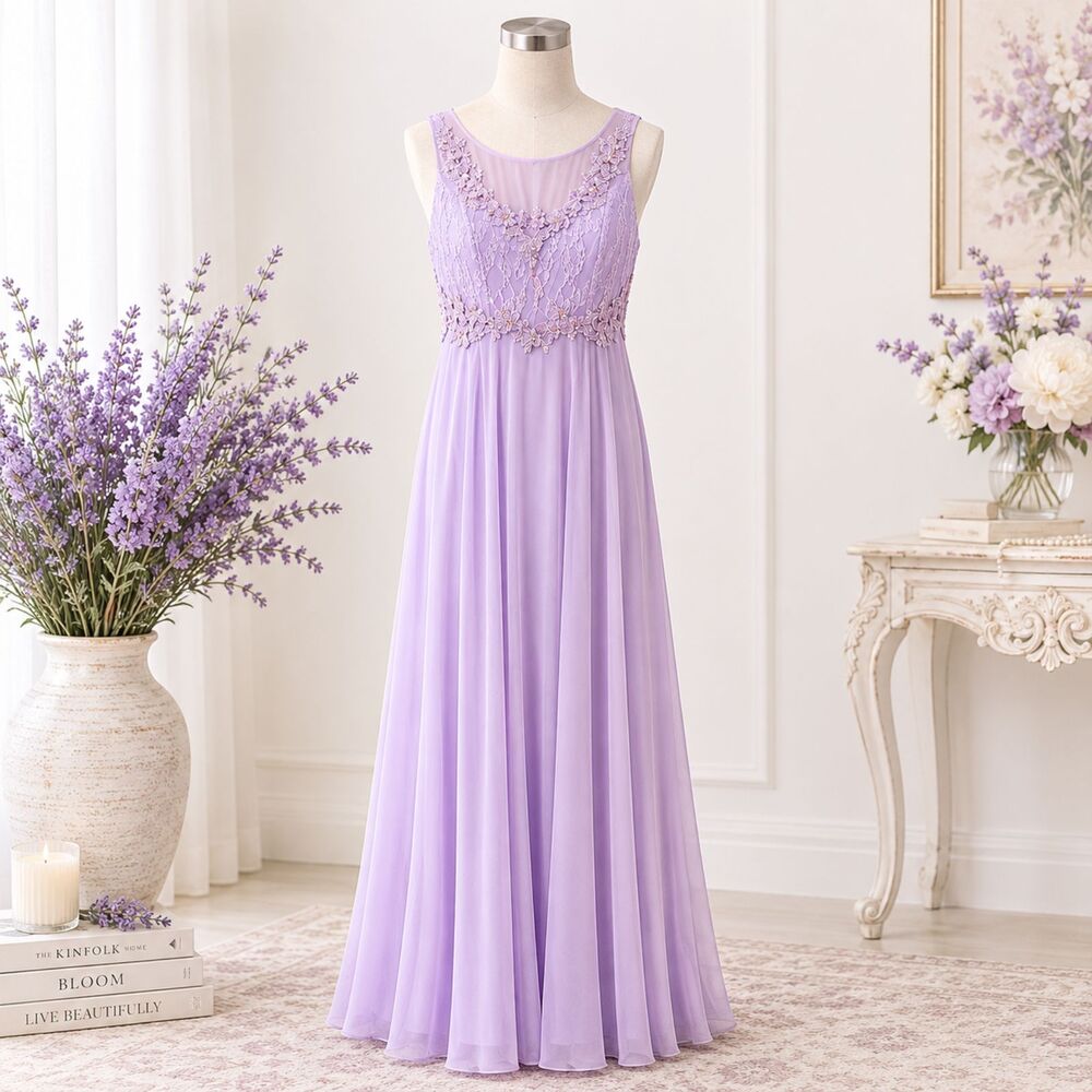 Vtg Romantic Violets & Roses Lavender Beaded Lace Chiffon Evening Gown Size 8